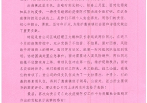 抗擊疫情勇?lián)?dāng) 履職盡責(zé)獲贊揚(yáng)—公司收到惠南鎮(zhèn)平安建設(shè)辦公室的